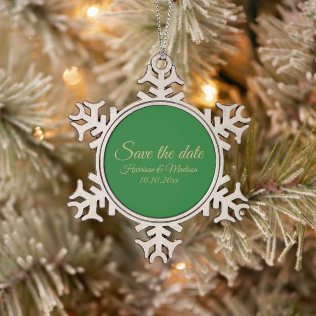 Save the Date Ankündigung von Hochzeitsschreiben Schneeflocken Zinn-Ornament (Baum)