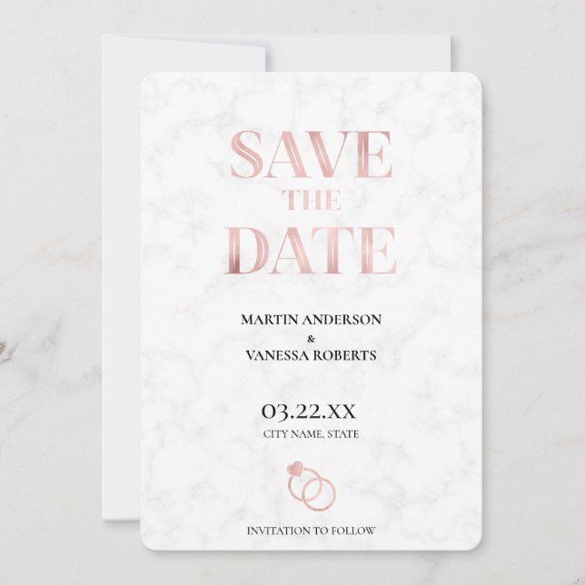 Save The Date Anneaux de mariage en marbre de rose doré élégants (Devant)