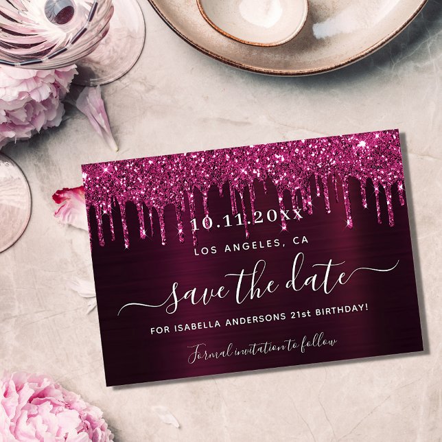Save The Date Anniversaire bourgogne parties scintillant gouttes (Créateur téléchargé)