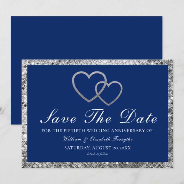 Save The Date Anniversaire de Mariage Cœurs Argentés Bleu (Devant / Derrière)