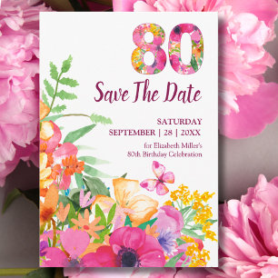 Save The Date Anniversaire élégant 80 ans Fleurs papillon rose
