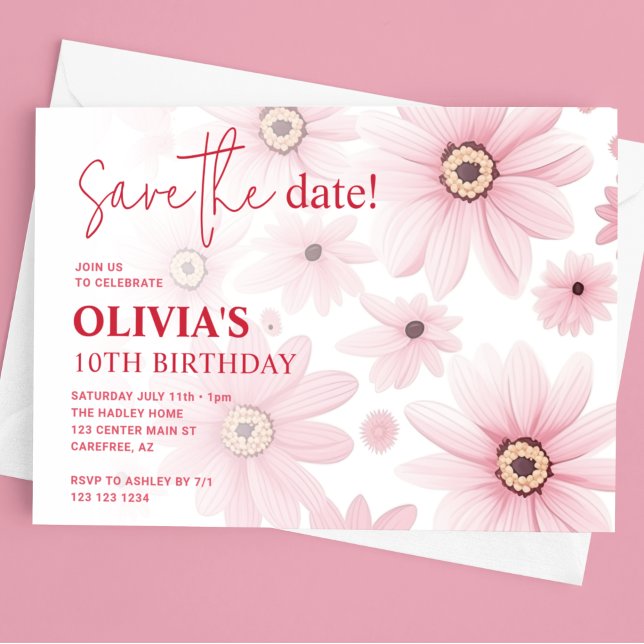 Save The Date Anniversaire enfant Fleur de Pissenlit Rose (Créateur téléchargé)
