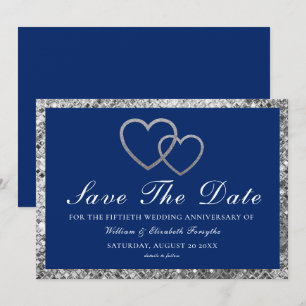 Save The Date Anniversaire mariage Coeurs d'argent Bleu