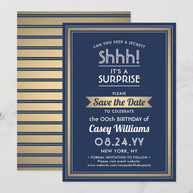 Save The Date Anniversaire Surprise Party Marine Bleu, Blanc et  (Devant / Derrière)