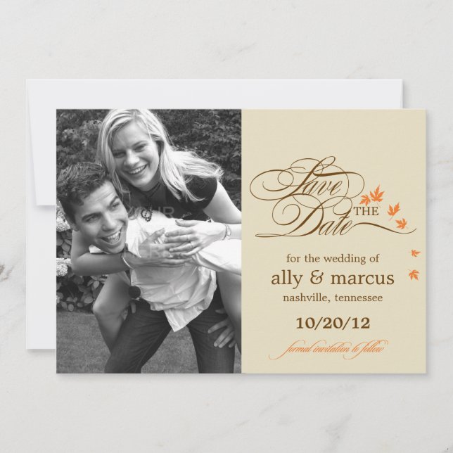 Save The Date Annonce de Date de Mariage avec Feuilles d'Automne (Devant)