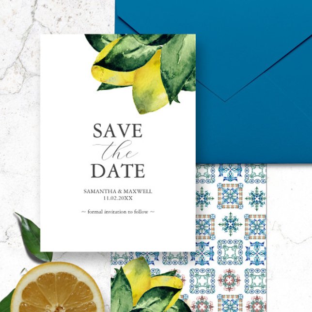 Save The Date Annonces de mariage de destination en Italie (Italian destination wedding save the date card features watercolor lemons with Amalfi tile pattern. )