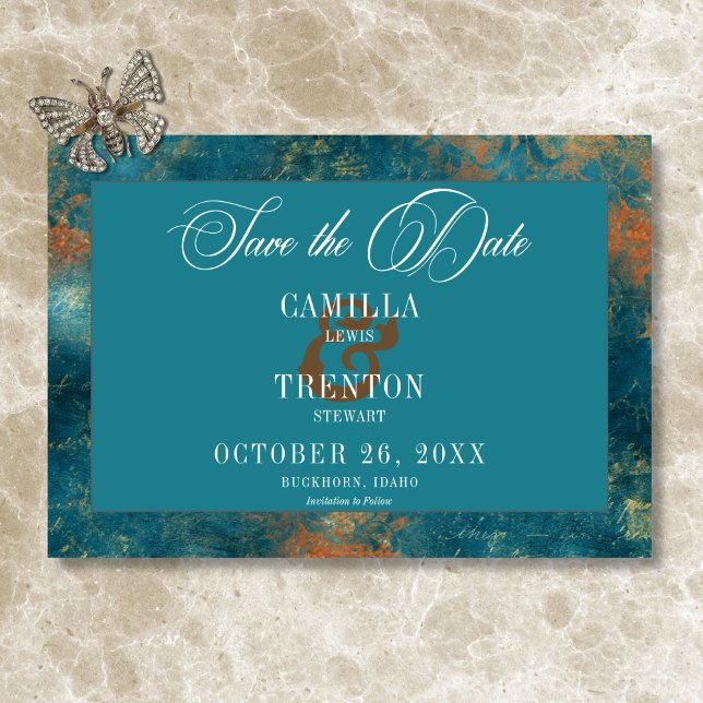 Save The Date Antique gothique Turquoise or Mariage damassé (Gothic Antique Teal Gold Damask Wedding Save The Date)