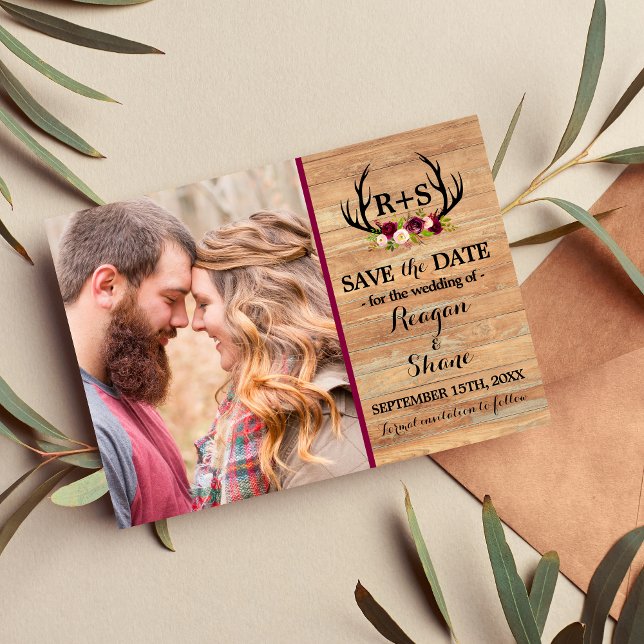 Save The Date Antlers Rustiques Floral Bois Bourgogne Sauver La  (Créateur téléchargé)