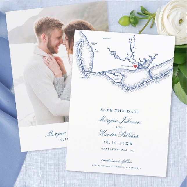 Save The Date Apalachicola Florida Elegant Mariage de la marine (Apalachicola Wedding Save the Date with Elegant navy blue Florida map from Coastal Map Designs)