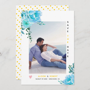 Save The Date Aqua bleu aquarelle fleurs, photo jaune feuille