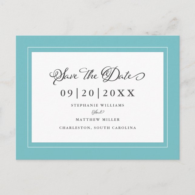 Save The Date | Aqua Blue Green Wedding Elegant Ankündigungspostkarte (Vorderseite)