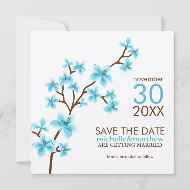 Save The Date Aqua Cherry Blossoms Enregistrer la date (Devant)