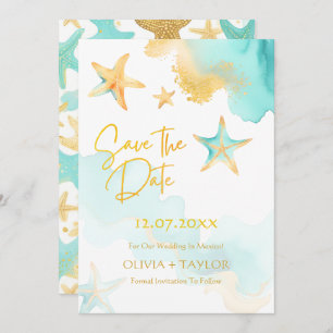 Save The Date Aqua Et Or Aquarelle Plage Mariage Starfish