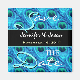 Save the Date Aqua-und Kobalt-Pfau-Federn Magnet