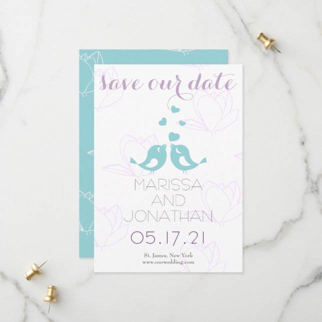 Save the Date aquamarin/Lila Lovebirts-Karte (Vorderseite/Rückseite Beispiel)