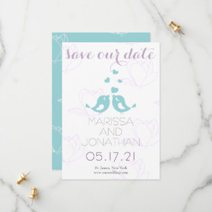 Save the Date aquamarin/Lila Lovebirts-Karte