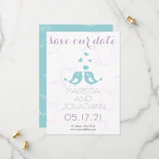 Save the Date aquamarin/Lila Lovebirts-Karte