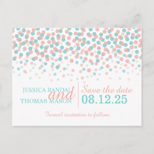 Save the Date aquamarine Korallenkonfetti Hochzeit Ankündigungspostkarte