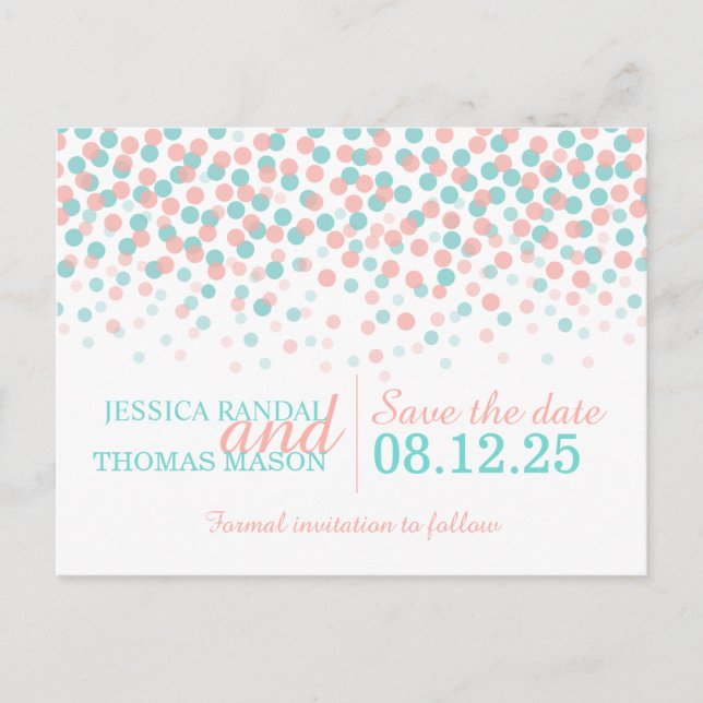 Save the Date aquamarine Korallenkonfetti Hochzeit Ankündigungspostkarte (Vorderseite)