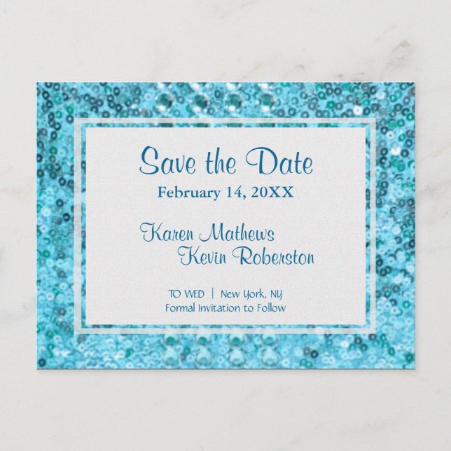 Save The Date | Aquamarine Sequenzen Ankündigungspostkarte (Vorderseite)