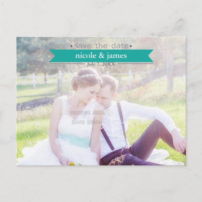 SAVE THE DATE Aquamarine Typografie Foto Postkarte (Vorderseite)