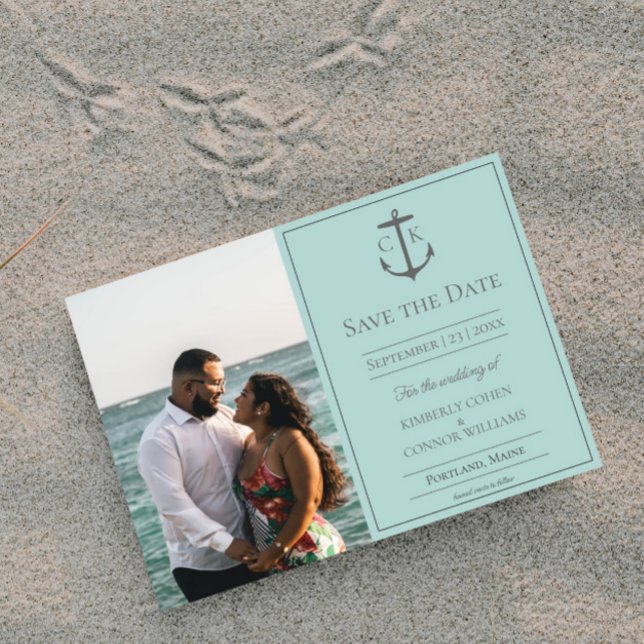 Save the Date aquamarines Nautic Monogram Foto (Teal Nautical Monogram Photo Save the Date)