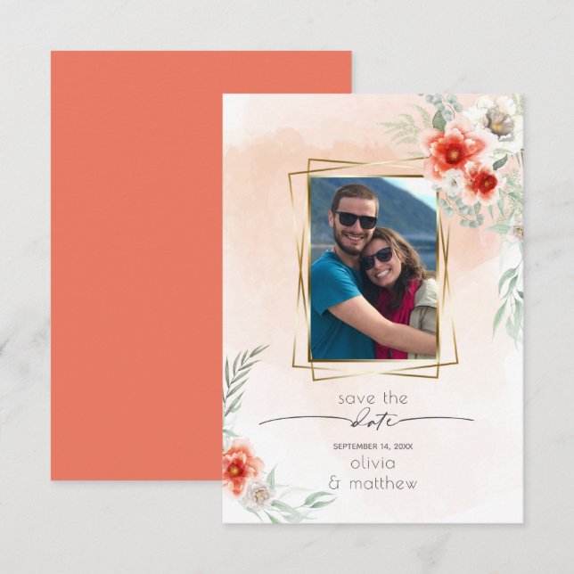 Save the Date Aquarellbilder Blume Foto Rahmen Einladung (Vorne/Hinten)