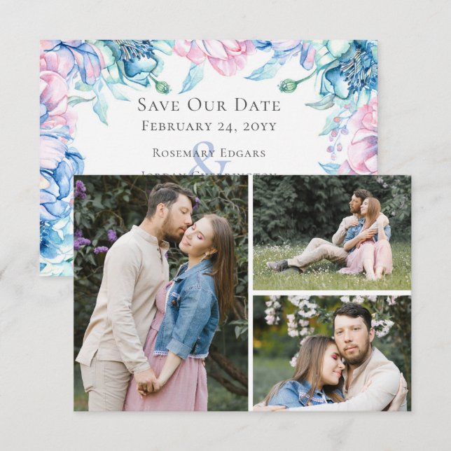 Save the Date Aquarellblume 3-Foto-Karte Einladung (Vorne/Hinten)