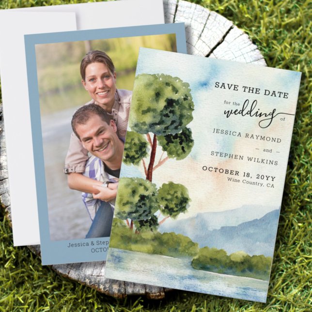 Save The Date Aquarelle À feuillage persistant du lac et photo v (Créateur téléchargé)
