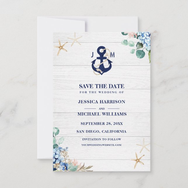 Save The Date Aquarelle Ancre marine Floral Rustic Beach (Devant)