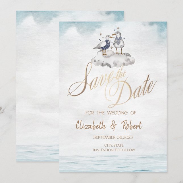Save The Date Aquarelle Aquarelle Seagulls Beach Enregistrer La  (Devant / Derrière)