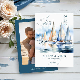 Save The Date Aquarelle Bateaux à voile et photo Mariage côtier