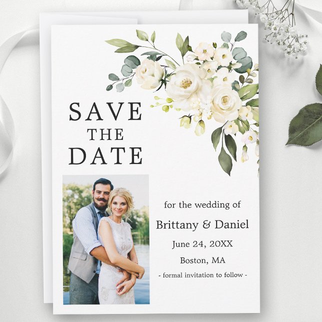Save The Date Aquarelle Blanc Floral Végétation Photo (Customize to change text size or text style.)