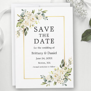 Save The Date Aquarelle Blanc Floral Vert Or