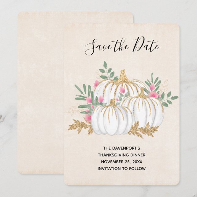 Save The Date Aquarelle blanche et or Citrouille Thankesgiving (Devant / Derrière)