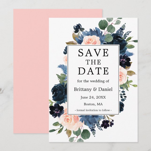 Save The Date Aquarelle bleu bleu rose rose flou cadre (Devant / Derrière)