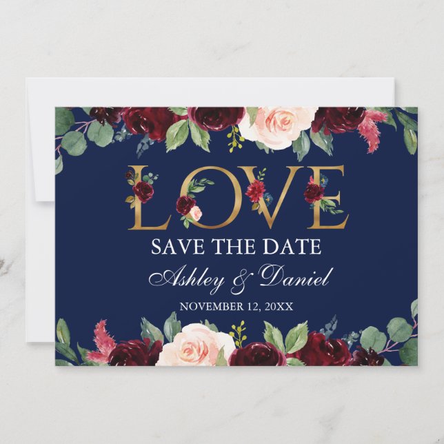 Save The Date Aquarelle Bleu Bourgogne Amour Floral Enregistrer  (Devant)