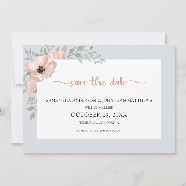 Save The Date Aquarelle bleu Dusty Peach Floral Enregistrer La D (Devant)