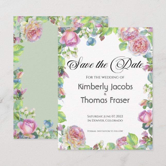Save The Date Aquarelle bleu fleurs rose enregistrer la date (Devant / Derrière)