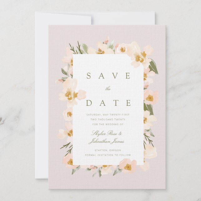 Save The Date Aquarelle bleu Gardenia Abstrait rose floral (Devant)