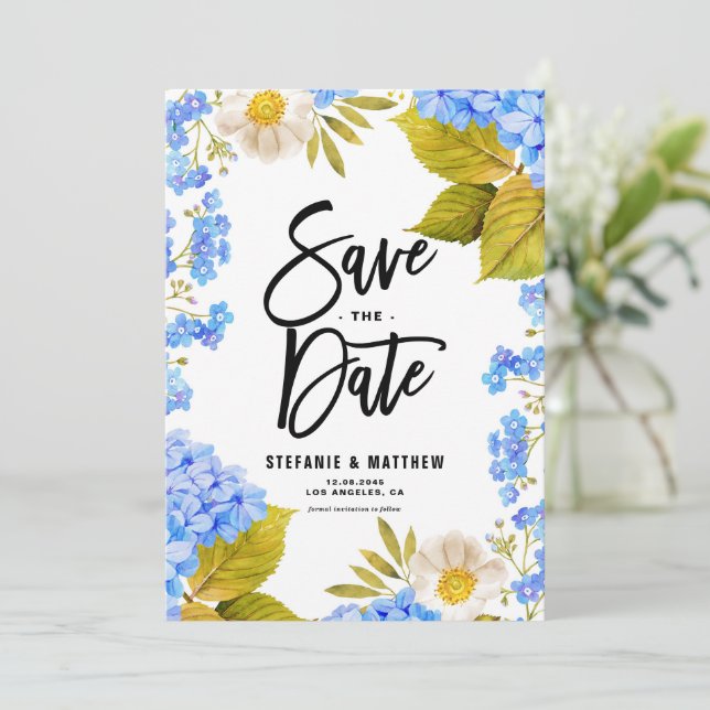 Save The Date Aquarelle bleu Hydrangea Floral (Debout devant)