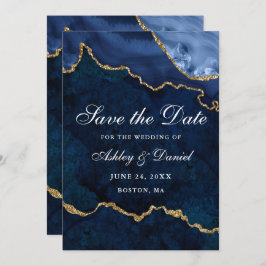 Save The Date Aquarelle Bleu Marbre Or Géode Agate