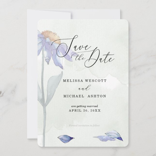 Save The Date Aquarelle bleu marguerite Mariage rustique vert  (Devant)