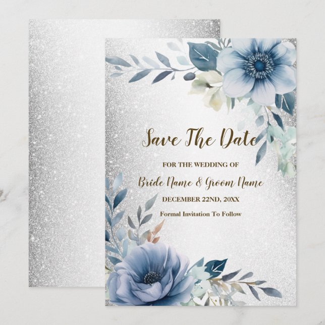 Save The Date Aquarelle bleu mariage Fleurs d'Aquarelle argent (Devant / Derrière)