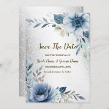Aquarelle bleu mariage Fleurs d'Aquarelle argent
