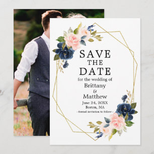 Save The Date Aquarelle bleu rose Rose photo Geo Frame