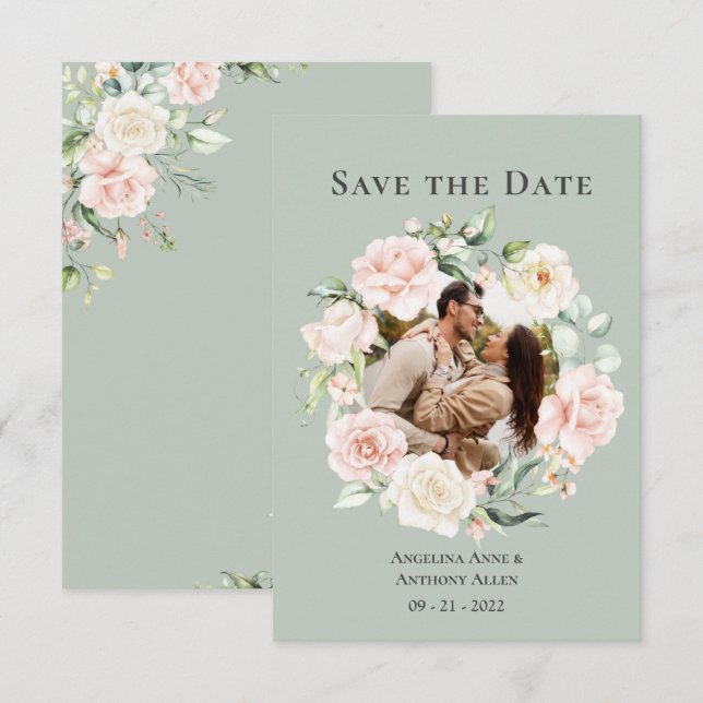 Save The Date Aquarelle bleu Sage Green Photo Floral Mariage S (Devant / Derrière)