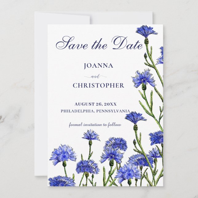 Save The Date Aquarelle bleue Cornflowers Floral Boho (Devant)