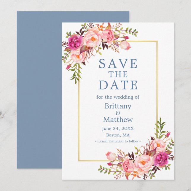Save The Date Aquarelle Bleue Duisette Roses Roses Rose Enregist (Devant / Derrière)