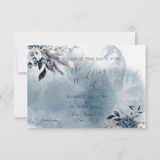 Save The Date Aquarelle bleue Winterberry (Devant)